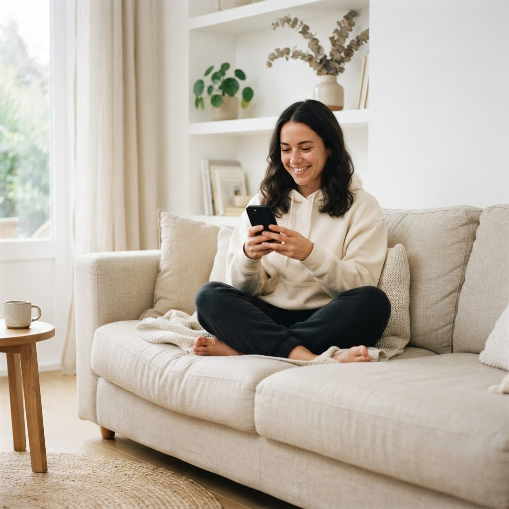 Junge Person sitzt entspannt zu Hause mit dem Smartphone
